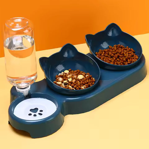 Kit de Comedero y Bebedero 3 en 1 para Gatos – Tazón Inclinado con Botella de Agua de Gravedad